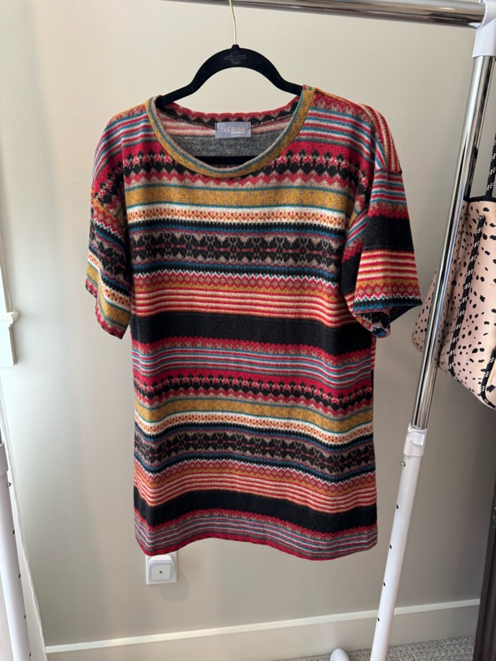 Cherish Multicolor Striped Short Sleeve Knit Top - Red, Black & Gold Tones